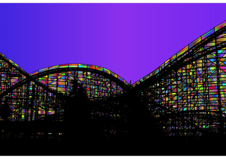 A roller coaster in silhouette, with the open spaces in the structure filled in rainbow colors. Running and indie press is a lot like riding a roller coaster!
