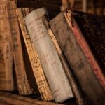 Six or so hardbound antique books on a shelf. They might be fantasy books, but the titles aren't in English. If they were in one binding it would be an indie publisher's dream.