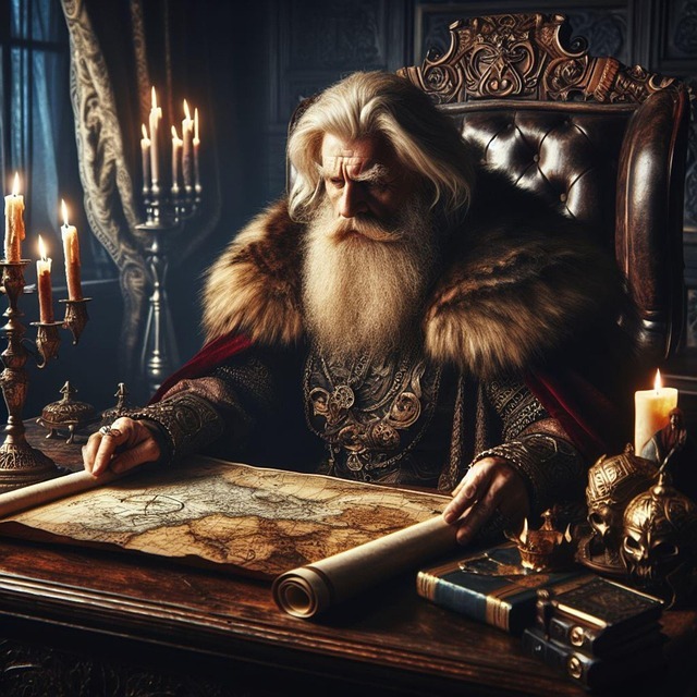 Fantasy lore -- an ancient king or perhaps a general of armies is seated at a wooden desk, studying an antique map.