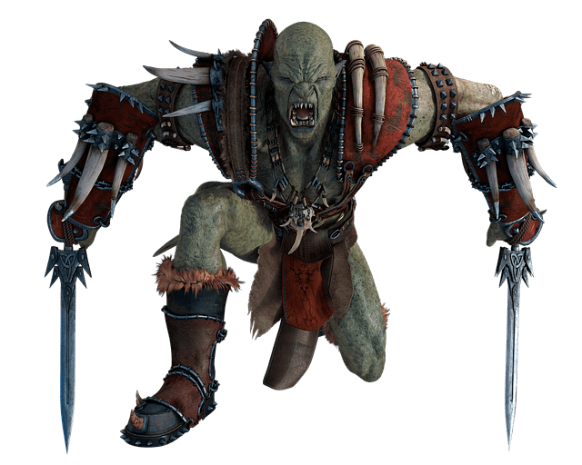 Orcs in LitRPG fantasy -- this battle orc is on one knee and clad in pieces of barbaric-looking armor.