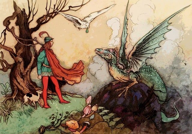 A fantasy scene is depicted in pale pastels. A youth dressed in renaissance clothing sees a dragon on a mountain peak. A white owl is flying in carrying a parcel in its beak.