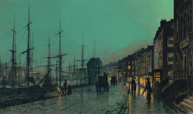An illustration in moody colors of a port or dock in a fantasy city, like Fernwall in Raven's Tears.