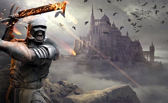 One of the orcs in fantasy litrpg, armored in a mix of chan and scale, wielding a burning sword. A fantasy city is on a hill in the distance.