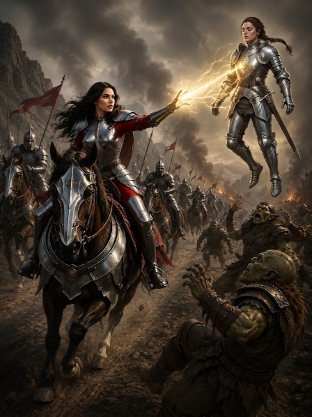 In the foreground, a fantasy priestess channels her god's power to levitate another knight out of the clutches of the orcs that had taken her. This is a picture of faith-forward romantasy at work!