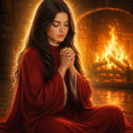 A young priestess in red robes sits cross-legged on the floor before a blazing hearth. She is praying to the gods of her fantasy religion.
