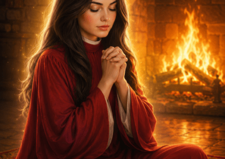 A young priestess in red robes sits cross-legged on the floor before a blazing hearth. She is praying to the gods of her fantasy religion.