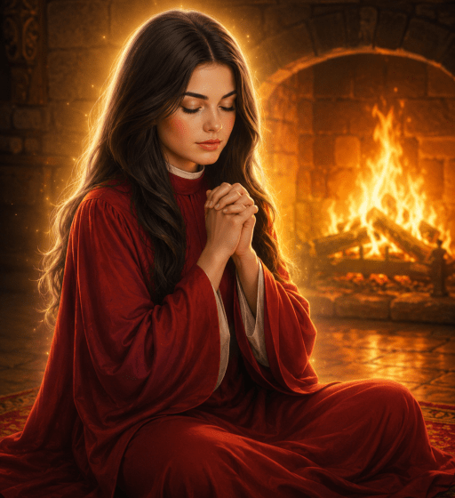 A young priestess in red robes sits cross-legged on the floor before a blazing hearth. She is praying to the gods of her fantasy religion.