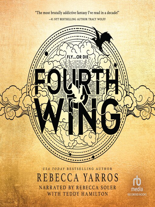 Audiobook cover for Rebecca Yarros' Fourth Wing romantasy novel, with one of the stand-out magic systems in romantasy.