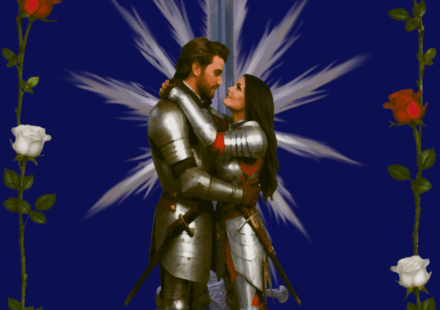Book cover for 'What God Has Ordained' (Legacy of Chandar Book 1): Athos and Coralin, a couple in plate-and-chain armor are embracing before a glowing sword, surrounded by red and white rose borders on a dark blue background.