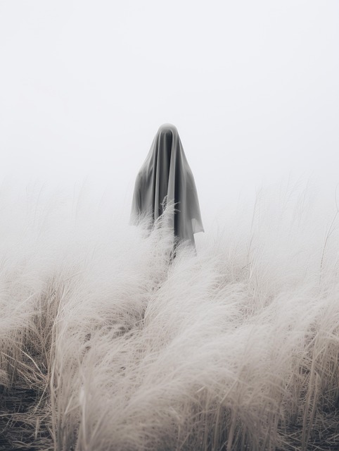 A faceless figure cloaked and hooded in a gray robe stands in a field with tall, faded-white grass. A good representation of most gods in fantasy fiction.