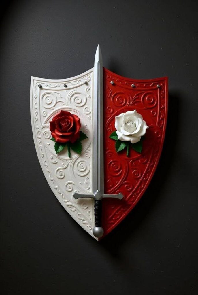 A kite shaped shield is enameled half in red, the other in white. A red rose is on the white side, while a white rose is on the red side. Between them is a sword, point-up. Together they form one of the holy symbols of  one of the gods of fantasy fiction, The Guardian Paladin,