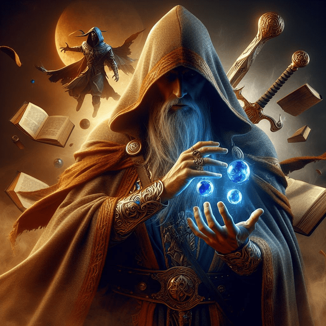 A robed and hooded figure stands in the foreground. Three glowing crystal spheres hover above his left hand, while his right cups over them as if to contain them. One of the fantasy tropes that still works!