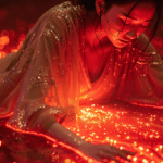 A woman dressed in flowing, sparkling, gauzy clothing leans into and gazes down at what looks like a stream of orange sparkly energy. This is an iconic image for the best magic systems in romantasy.