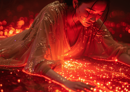 A woman dressed in flowing, sparkling, gauzy clothing leans into and gazes down at what looks like a stream of orange sparkly energy. This is an iconic image for the best magic systems in romantasy.