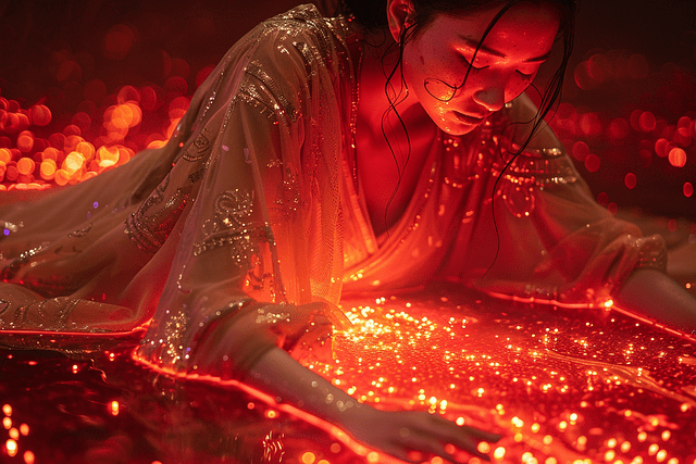 A woman dressed in flowing, sparkling, gauzy clothing leans into and gazes down at what looks like a stream of orange sparkly energy. This is an iconic image for the best magic systems in romantasy.