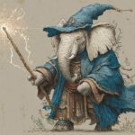 An elephant dressed in a blue wizard's robe and carrying a glowing staff and lantern strides to the left of the screen. The wise old mentor is one of the fantasy tropes that still work --- if you know how to make them seem new!