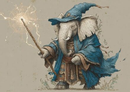 An elephant dressed in a blue wizard's robe and carrying a glowing staff and lantern strides to the left of the screen. The wise old mentor is one of the fantasy tropes that still work --- if you know how to make them seem new!