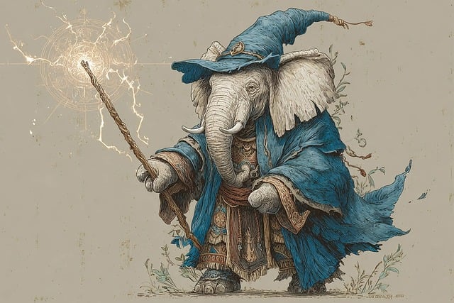 An elephant dressed in a blue wizard's robe and carrying a glowing staff and lantern strides to the left of the screen. The wise old mentor is one of the fantasy tropes that still work --- if you know how to make them seem new!