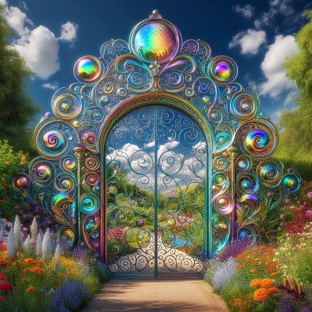 An AI generated image of a beautiful filigreed gate adorned with scintillating crystal spheres, leading to a magical land. It's a fantasy trope that still works!
