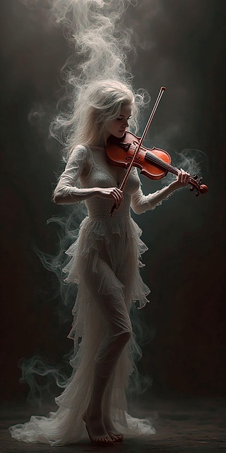 A bard stands in gauzy gown, backlit, playing her violin while magical tendrils rise from her body. Bards are in all the best magic systems in fantasy.