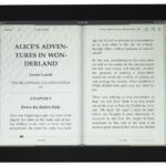 An ebook reader with an image of the print version of "Alice in Wonderland" open on the screen. Apple Books vs Amazon KDP? Either way, it's a rollicking good story!