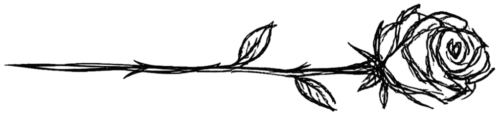 Delicate line-art silhouette of a rose on a black background, with a long stem and leaves extending to the left. A symbol of the white rose, a sketch Coralin uses to close her personal letters.