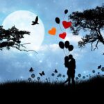 Romantasy vs Fantasy Romance? Both genres look the same when the lovers finally embrace. As they have in this image, silhouetted against a moonlit night sky with balloons, butterflies, and flowers.