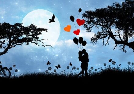 Romantasy vs Fantasy Romance? Both genres look the same when the lovers finally embrace. As they have in this image, silhouetted against a moonlit night sky with balloons, butterflies, and flowers.