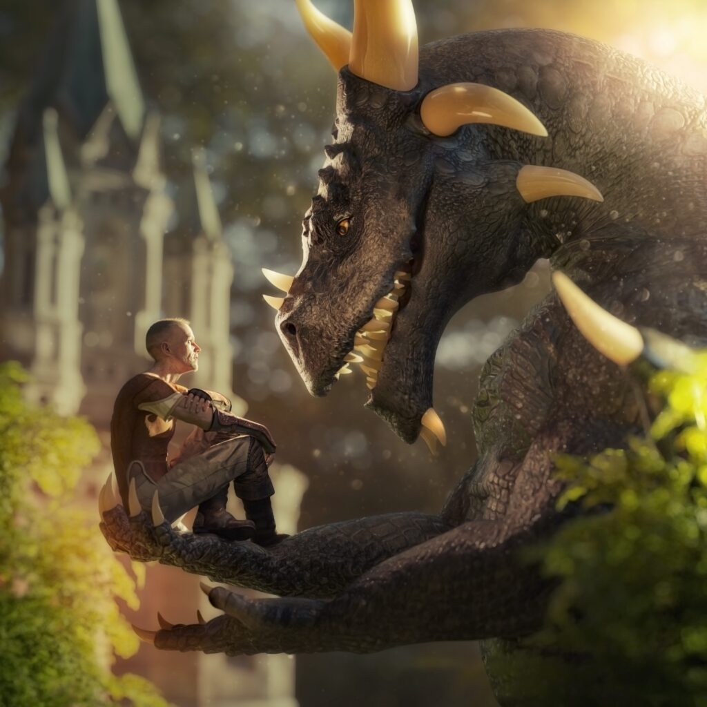 Person in a brown shirt faces a large black dragon with yellow horns in a sunlit outdoor scene. Looks like it could be from any of the books like Fourth Wing with dragons. 