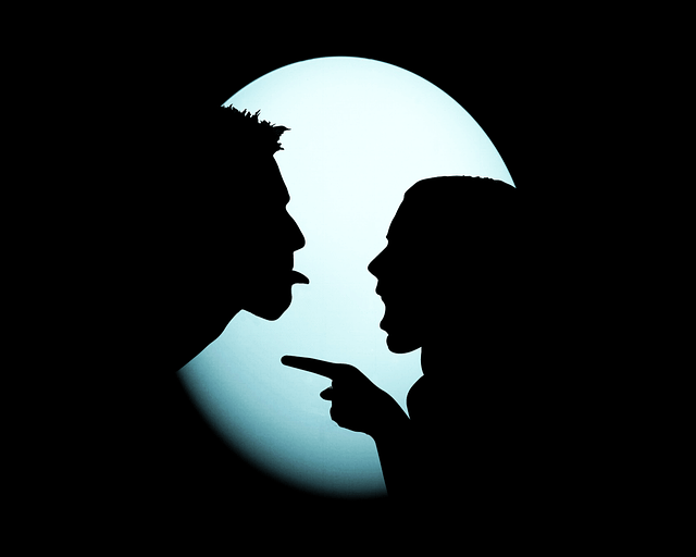 A silhouette of two persons in profile. The taller one on the left is sticking out their tongue at the shorter person on the right. That person seems to be shouting and pointing a finger at the taller. An indie author collaboration in progress --- humorously.