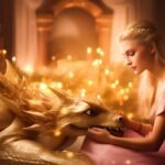 Woman in a pink, shimmery gown gently holding a golden dragon, bathed in warm, magical light and bokeh glow. This is a familiar scene in books like Fourth Wing.