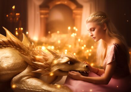 Woman in a pink, shimmery gown gently holding a golden dragon, bathed in warm, magical light and bokeh glow. This is a familiar scene in books like Fourth Wing.