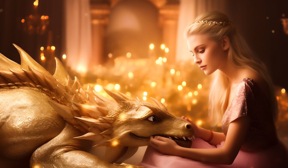 Woman in a pink, shimmery gown gently holding a golden dragon, bathed in warm, magical light and bokeh glow. This is a familiar scene in books like Fourth Wing.
