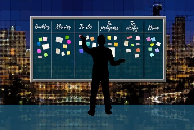A person is silhouetted against a wallboard, which is divided by lines into categories such as "Backlog," "Stories," "To-Do," "In Progress," etc. Under each category listing are sticky notes of varying colors and sizes. Co-authoring a novel requires division of labor and task organization like this.