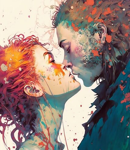 Two people kissing in a vibrant watercolor-style illustration, faces close and paint splashes around them. Books like Fourth Wing don't promise "happily ever after," but there's always lots of kissing. Eventually,