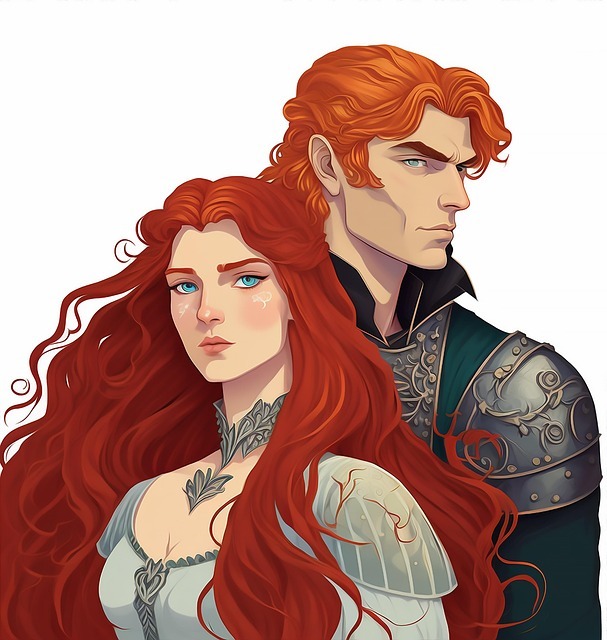 An illustration of a redheaded man and woman dressed in medieval clothing/armor. She's stanidng before him, looking at the viewer. He's looking off to the right. Romantasy vs Fantasy Romance? Your call!