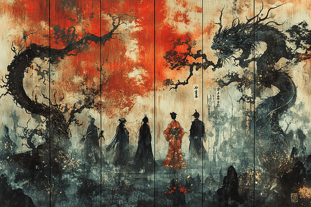 An oil-paint-style illustration with East Asian influences, showing four figures from behind while the head and tail of an enormous black dragon rises on either side of them.  This is a staple visual for books like fourth wing and acotar.