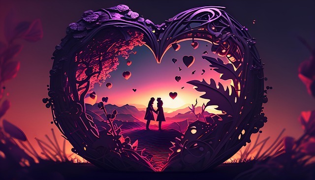 What is romantasy? It's the experience of the feelings of lovers in a book --- like this image, rendered in purpley shades of pink and a couple framed in a heart-shaped arch, silhouetted against a setting sun.