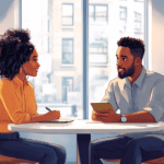 An illustration of a male/female couple talking together over their electronic devices. Picture it when thinking about how to co-write romantasy with your partner.
