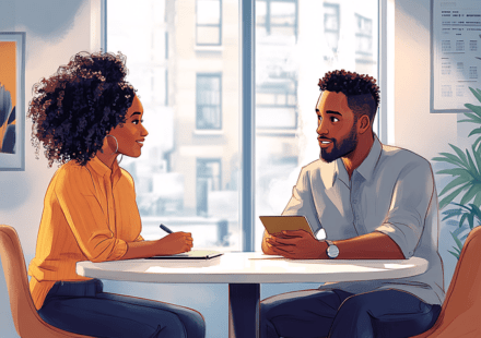 An illustration of a male/female couple talking together over their electronic devices. Picture it when thinking about how to co-write romantasy with your partner.