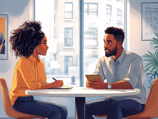 An illustration of a male/female couple talking together over their electronic devices. Picture it when thinking about how to co-write romantasy with your partner.