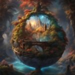 An image of a fantasy world enclosed in a clear globe with mosses and grasses clinging to it and the base of a tree rising from the top. It's one way to imagine a fantasy holy land.