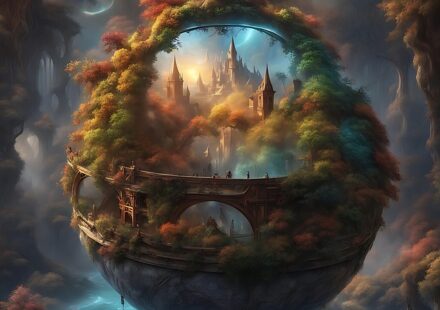An image of a fantasy world enclosed in a clear globe with mosses and grasses clinging to it and the base of a tree rising from the top. It's one way to imagine a fantasy holy land.