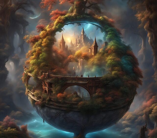 Par-Isen: The Sacred Geography of the Paladins’ Holy Land An image of a fantasy world enclosed in a clear globe with mosses and grasses clinging to it and the base of a tree rising from the top. It's one way to imagine a fantasy holy land.