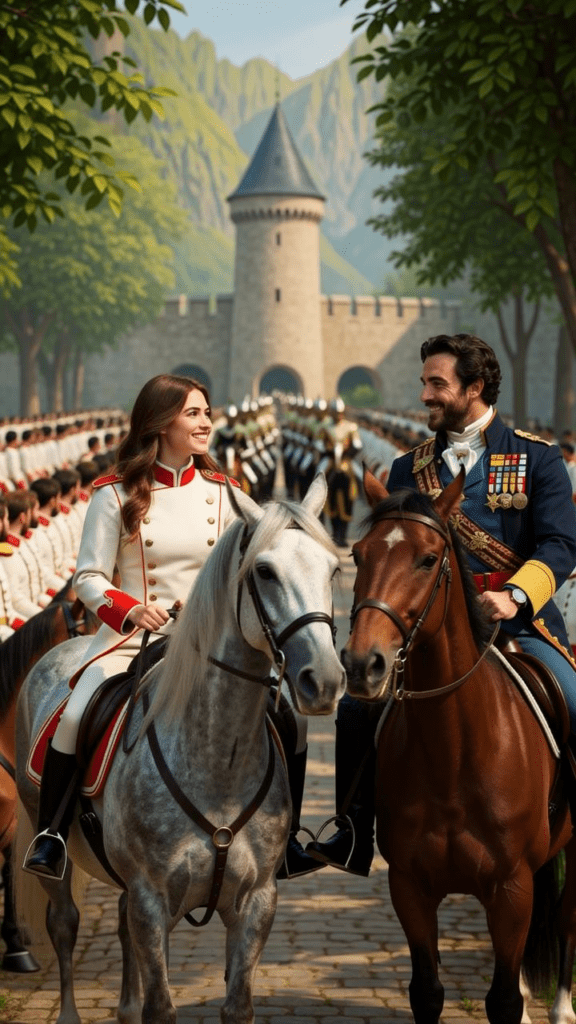 On horseback in the foreground, a military review in the background, Coralin in her white dress uniform meets Athos in his dress blues at Baraüd-Héredlin in Par-Isen, the holy land of the Medini people. It may be a