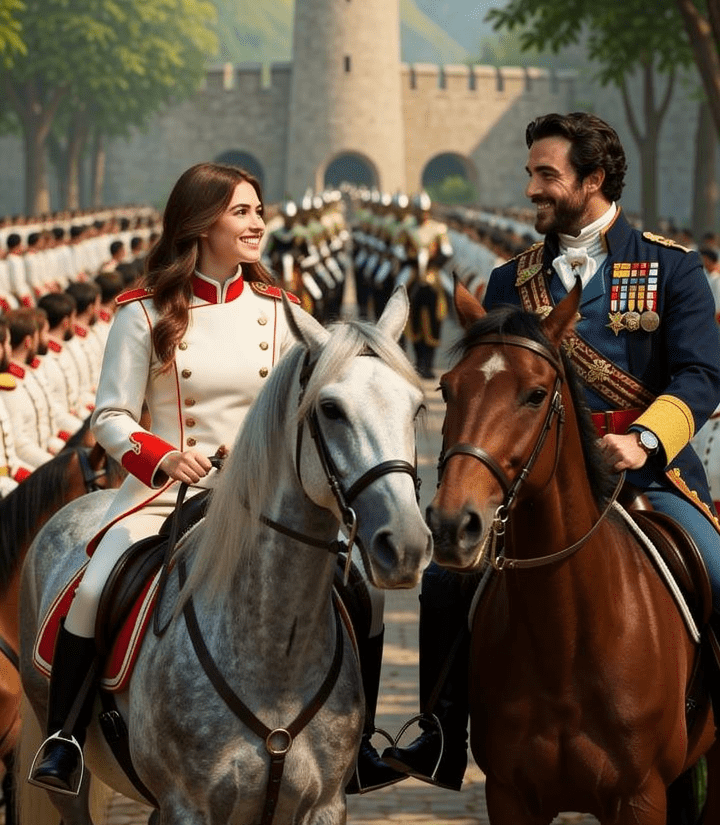 On horseback in the foreground, a military review in the background, Coralin in her white dress uniform meets Athos in his dress blues in Par-Isen, the holy land of the Medini people.