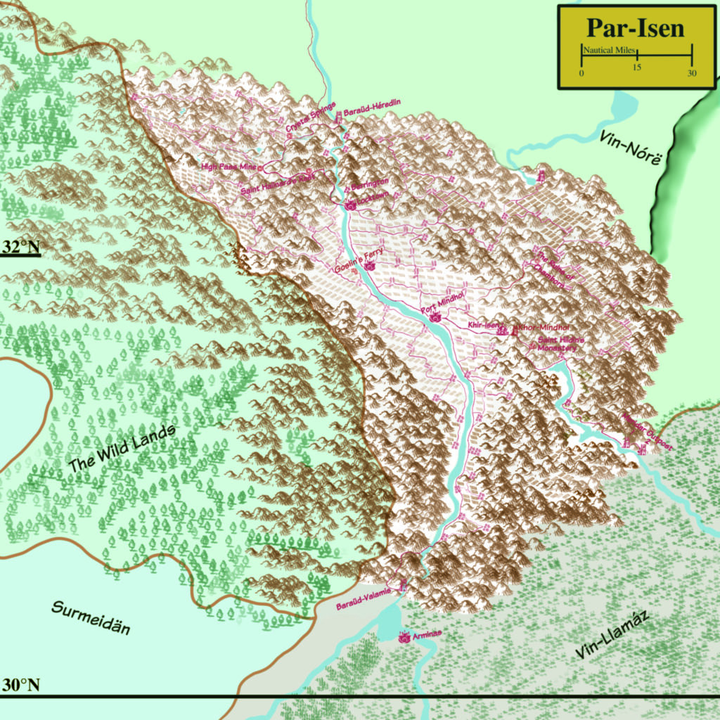 A map of the fantasy holy land of Par-Isen, created by Michael J Matson for the world of Menelon.