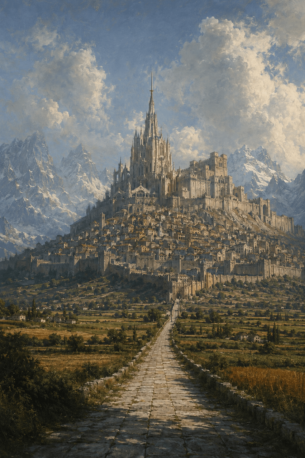 A view of the Holy City of Khir-Isen from the Processional Way in the fantasy holy land of Par-Isen. The beating heart of the religious faith of the Medini people on Menelon.