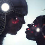 A cyborg couple, gazing at each other before a pale, lit background. LitRPG romantasy is a broad spectrum mashup of romance, fantasy, and gaming.