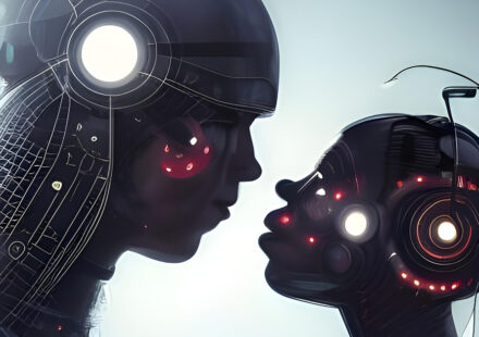 A cyborg couple, gazing at each other before a pale, lit background. LitRPG romantasy is a broad spectrum mashup of romance, fantasy, and gaming.